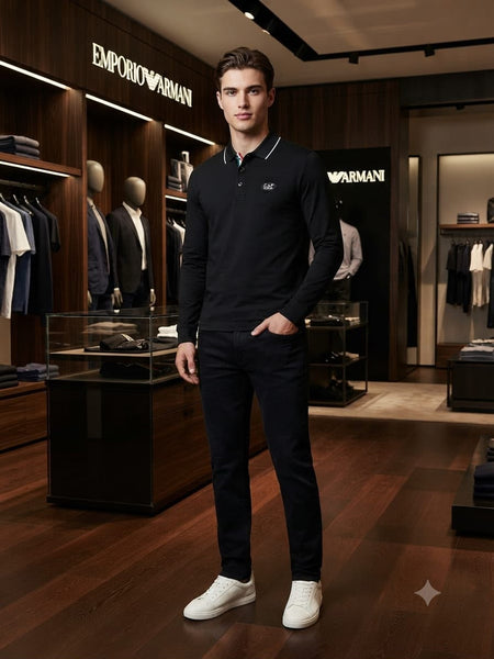 Men’s Premium Black Full-Sleeve Polo Shirt with Contrast Collar