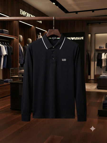 Men’s Premium Black Full-Sleeve Polo Shirt with Contrast Collar