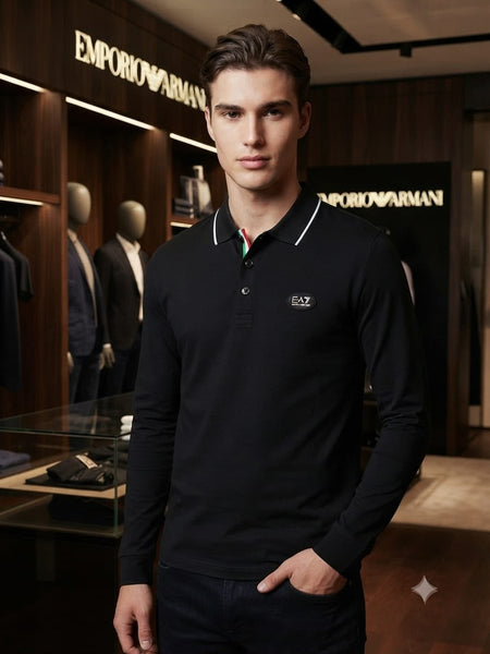 Men’s Premium Black Full-Sleeve Polo Shirt with Contrast Collar