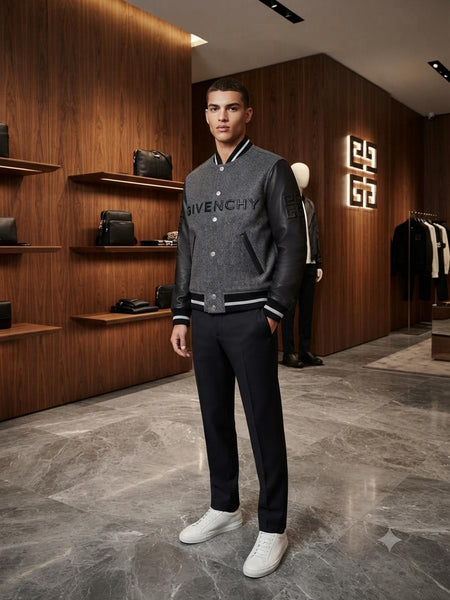 Men's Premium Grey & Black Varsity Bomber Jacket – Luxury Casual Wear