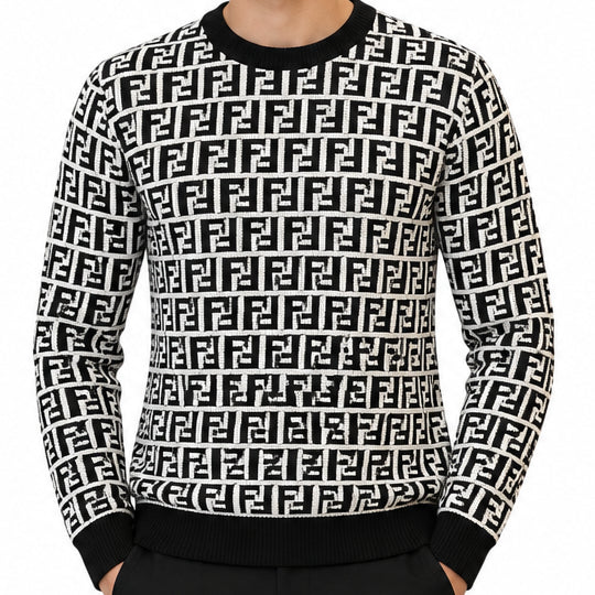 Premium Geometric Monogram Print Crewneck Sweater