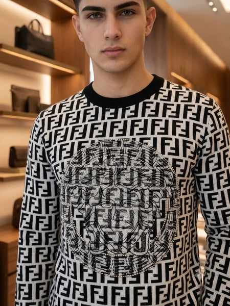 Premium Geometric Monogram Print Crewneck Sweater
