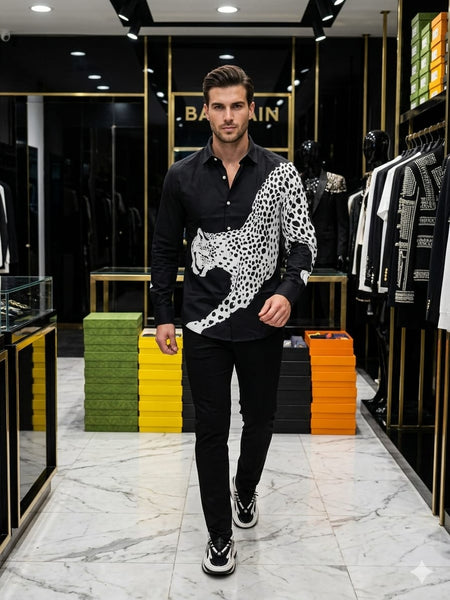 Men's Premium Black Graphic Print Shirt | Full Sleeve Regular Fit Casual & Party Wear Shirt