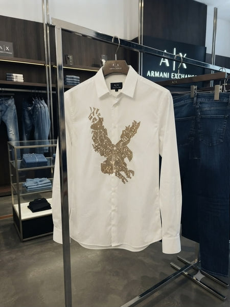 Men's Premium White Eagle Print Shirt | Full Sleeve Slim Fit Casual & Party Wear Shirt