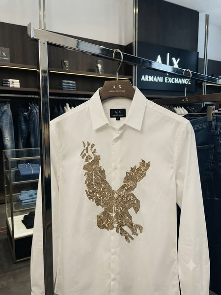 Men's Premium White Eagle Print Shirt | Full Sleeve Slim Fit Casual & Party Wear Shirt
