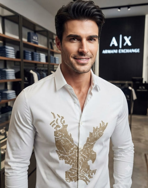 Men's Premium White Eagle Print Shirt | Full Sleeve Slim Fit Casual & Party Wear Shirt