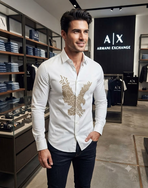 Men's Premium White Eagle Print Shirt | Full Sleeve Slim Fit Casual & Party Wear Shirt