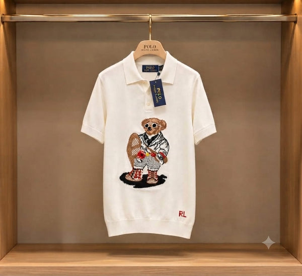 Classic Knit Polo T Shirt with Intarsia Bear Graphic