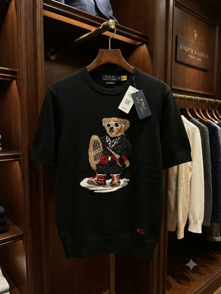 Classic Knit Polo T Shirt with Intarsia Bear Graphic
