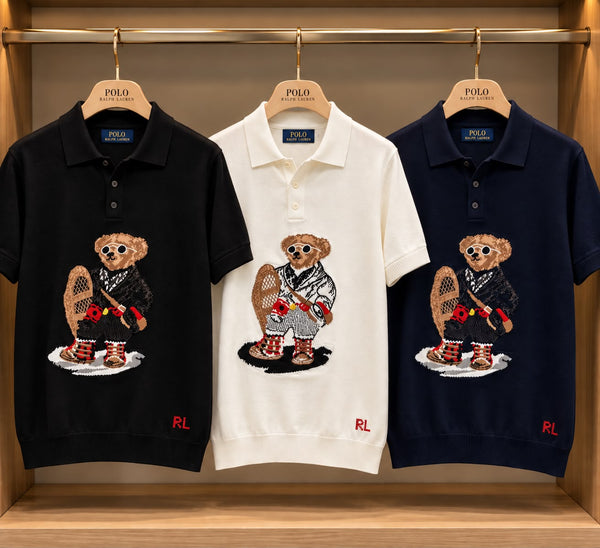 Classic Knit Polo T Shirt with Intarsia Bear Graphic