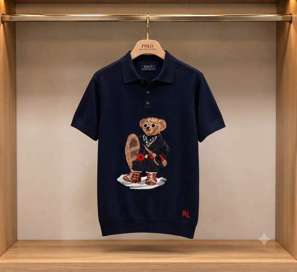 Classic Knit Polo T Shirt with Intarsia Bear Graphic