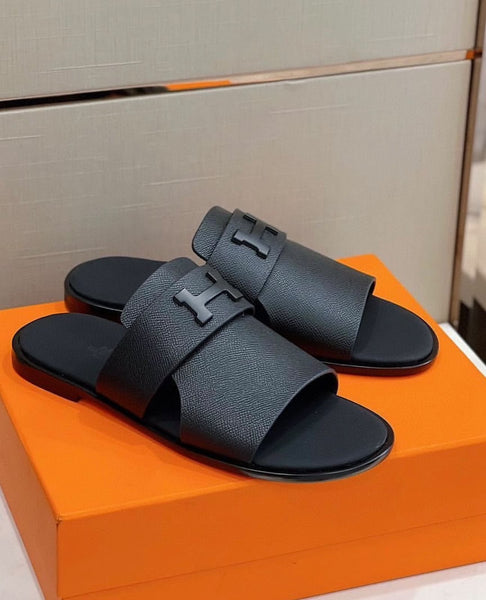 Classic Black Leather Slide Sandals with 'H' Cutout Detail