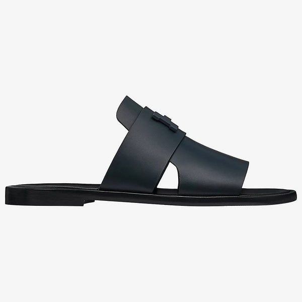 Classic Black Leather Slide Sandals with 'H' Cutout Detail