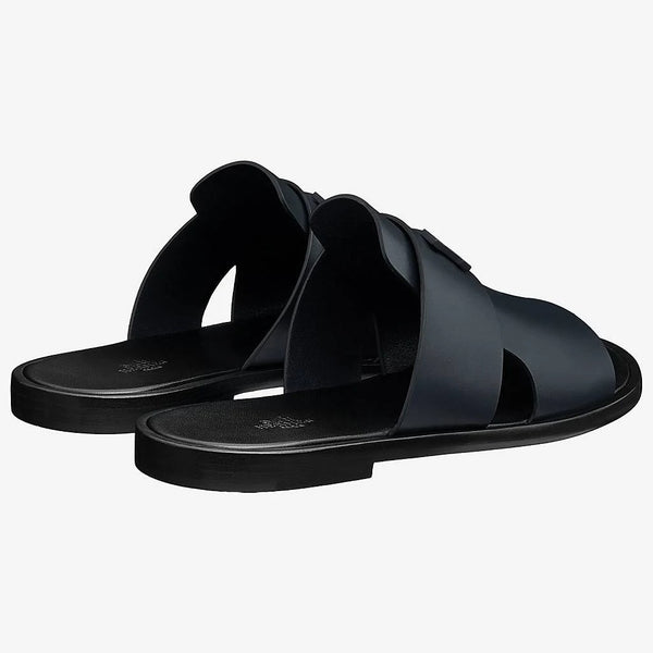 Classic Black Leather Slide Sandals with 'H' Cutout Detail