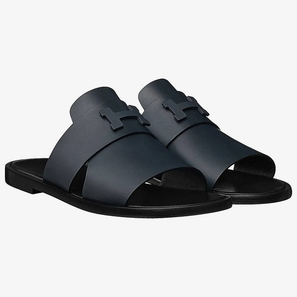 Classic Black Leather Slide Sandals with 'H' Cutout Detail