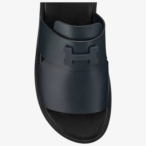 Classic Black Leather Slide Sandals with 'H' Cutout Detail