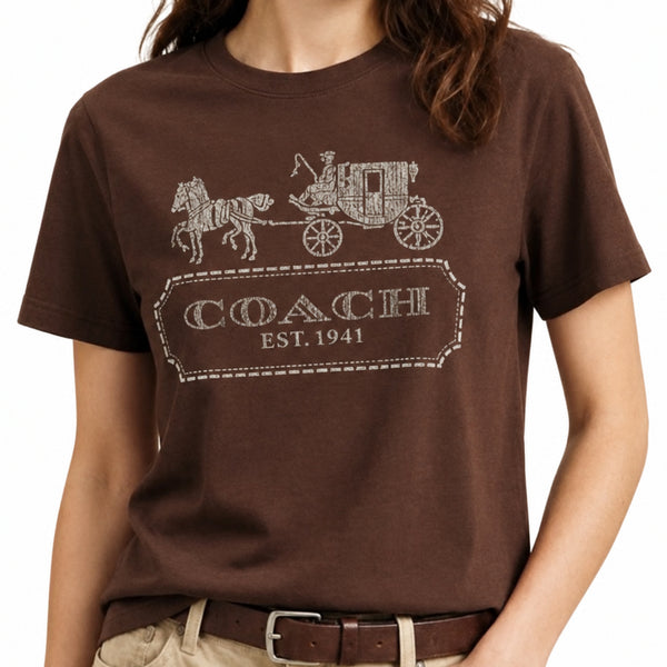 Premium Women Crystal-Embellished Horse and Carriage Logo T-Shirt