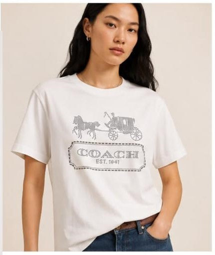 Premium Women Crystal-Embellished Horse and Carriage Logo T-Shirt