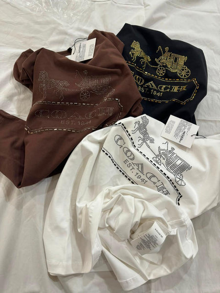 Premium Women Crystal-Embellished Horse and Carriage Logo T-Shirt