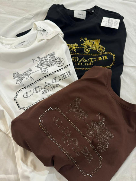 Premium Women Crystal-Embellished Horse and Carriage Logo T-Shirt