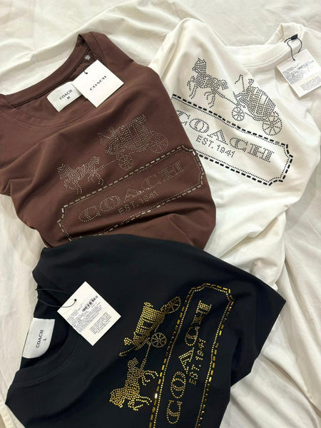 Premium Women Crystal-Embellished Horse and Carriage Logo T-Shirt