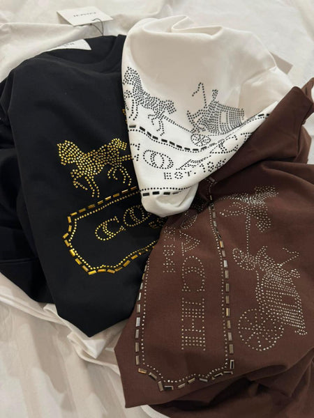 Premium Women Crystal-Embellished Horse and Carriage Logo T-Shirt