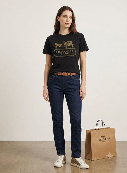 Premium Women Crystal-Embellished Horse and Carriage Logo T-Shirt