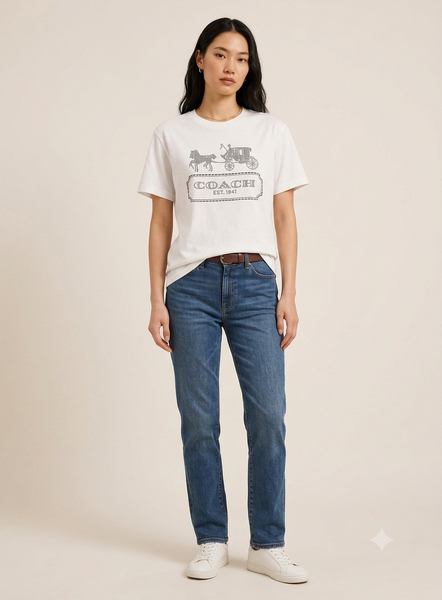 Premium Women Crystal-Embellished Horse and Carriage Logo T-Shirt