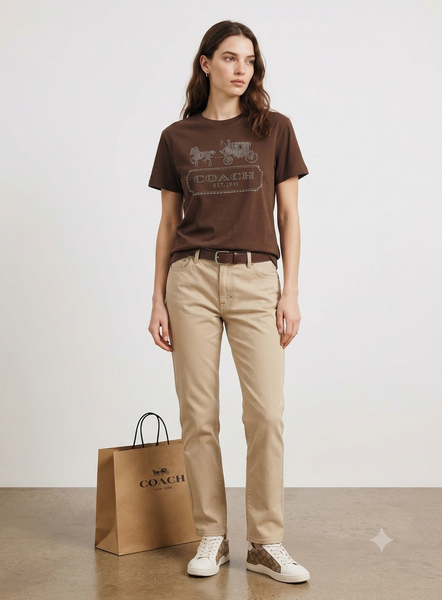 Premium Women Crystal-Embellished Horse and Carriage Logo T-Shirt