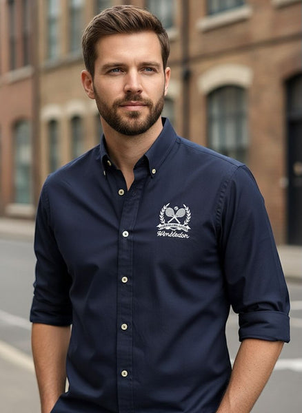 Men’s Premium Navy Blue Full-Sleeve Casual Shirt with Wimbledon Embroidered Logo