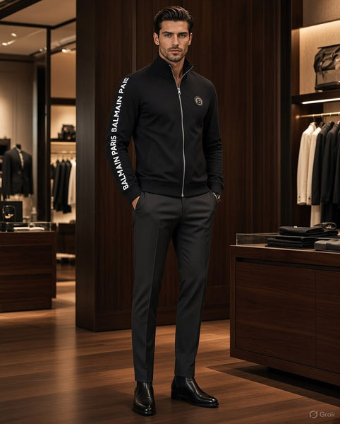 Sleek Black Zip-Up Sweatshirt with Sleeve Lettering for Men