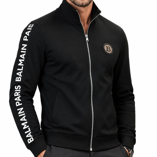 Sleek Black Zip-Up Sweatshirt with Sleeve Lettering for Men