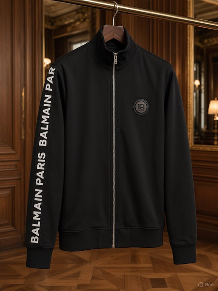 Sleek Black Zip-Up Sweatshirt with Sleeve Lettering for Men