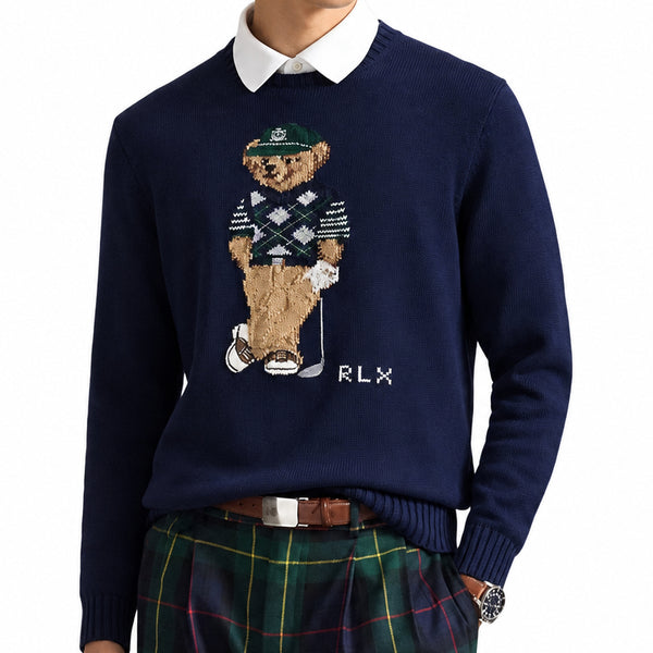 Premium Navy Knit Sweater with Embroidered Bear Motif