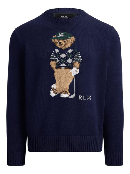 Premium Navy Knit Sweater with Embroidered Bear Motif