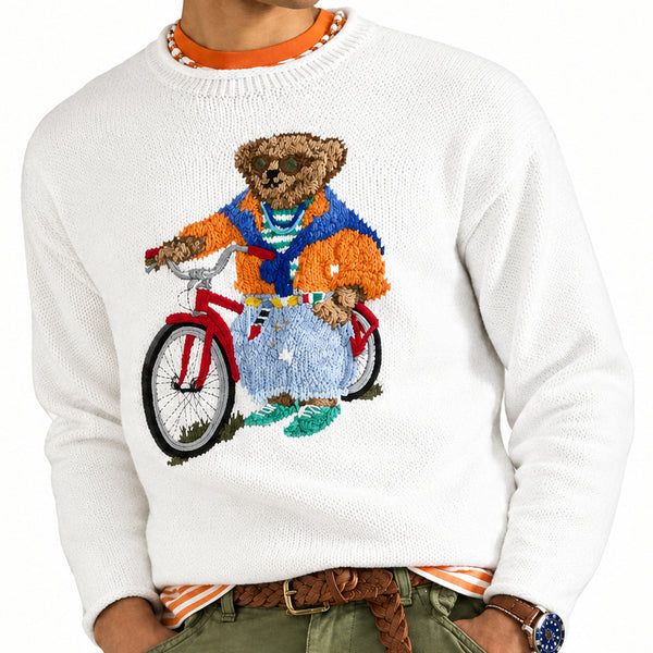 Premium Knit Sweater with Embroidered Bear on Bicycle