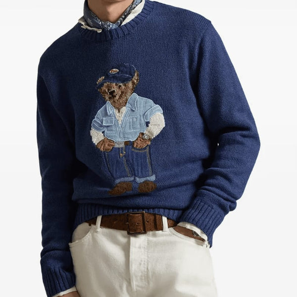 Premium Blue Knit Sweater with Embroidered Bear Design