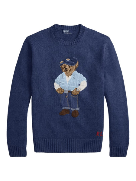 Premium Blue Knit Sweater with Embroidered Bear Design