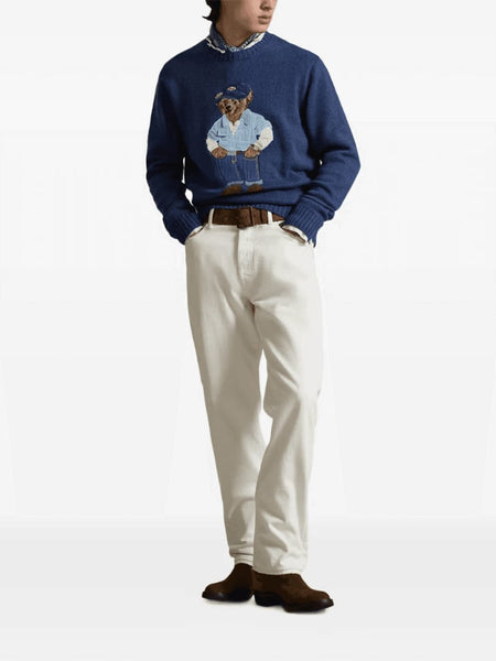 Premium Blue Knit Sweater with Embroidered Bear Design
