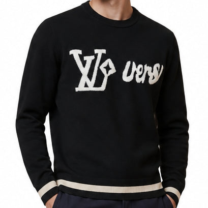 Premium Navy Knit Sweater with Bold White Lettering