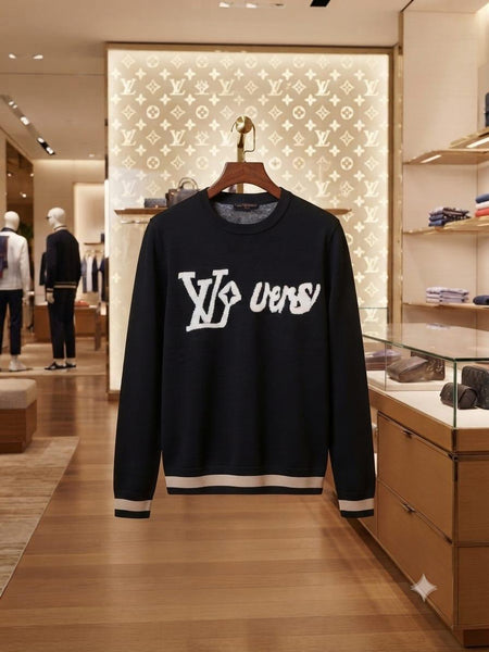 Premium Navy Knit Sweater with Bold White Lettering