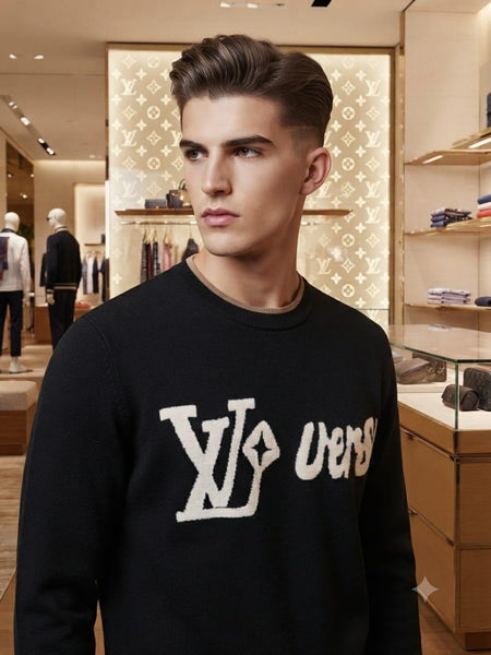 Premium Navy Knit Sweater with Bold White Lettering