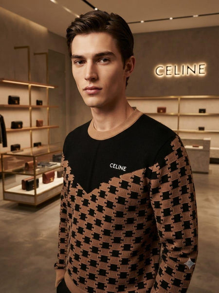 Premium Brown Patterned Knit Sweater with Contrast Yoke