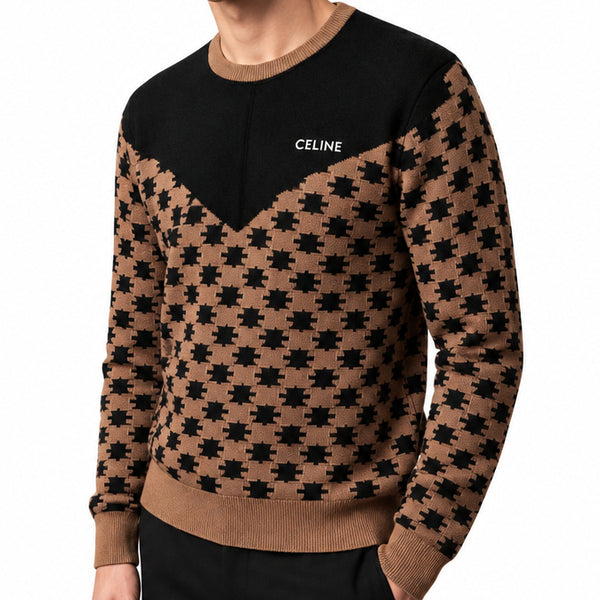 Premium Brown Patterned Knit Sweater with Contrast Yoke