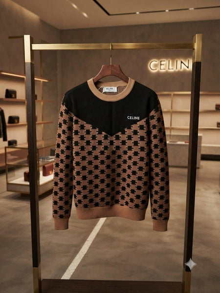 Premium Brown Patterned Knit Sweater with Contrast Yoke