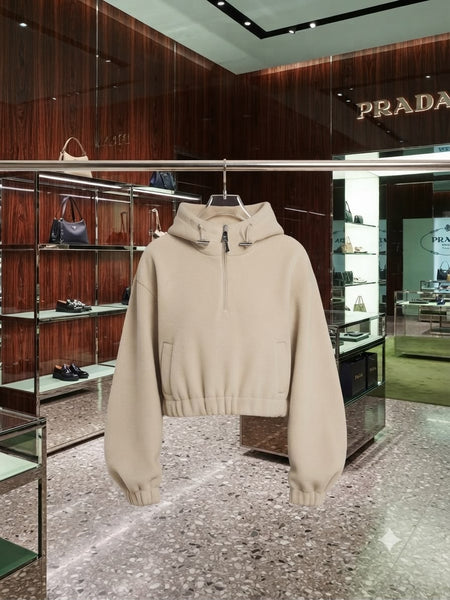 Premium Women Authentic Quality Half Zipper Hoodie Jacket – Cropped Beige