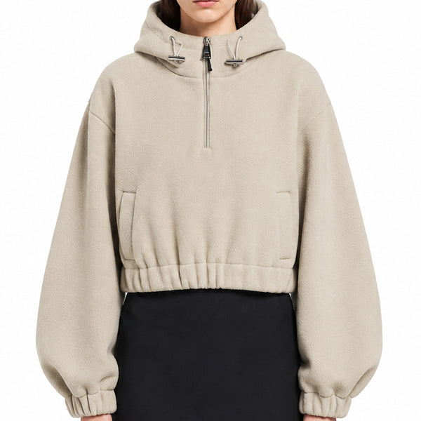 Premium Women Authentic Quality Half Zipper Hoodie Jacket – Cropped Beige
