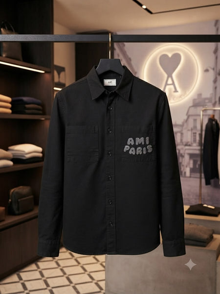 Premium Men One Color in Regular Fit Embroidery Logo on Front – Black Overshirt