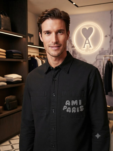 Premium Men One Color in Regular Fit Embroidery Logo on Front – Black Overshirt