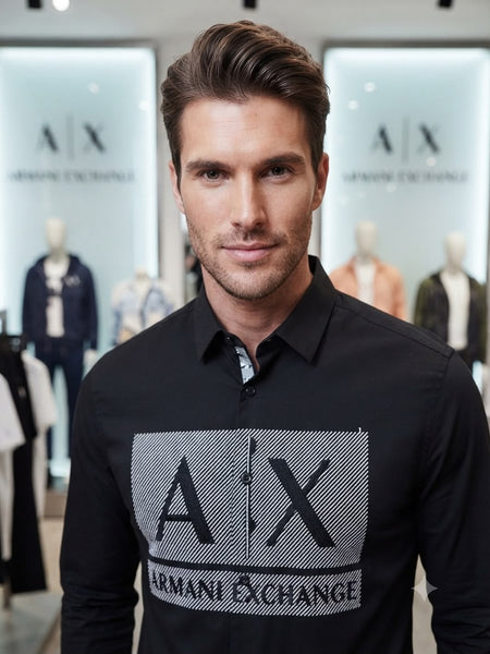 Premium Men Black Button-Down Shirt with Bold Front Graphic